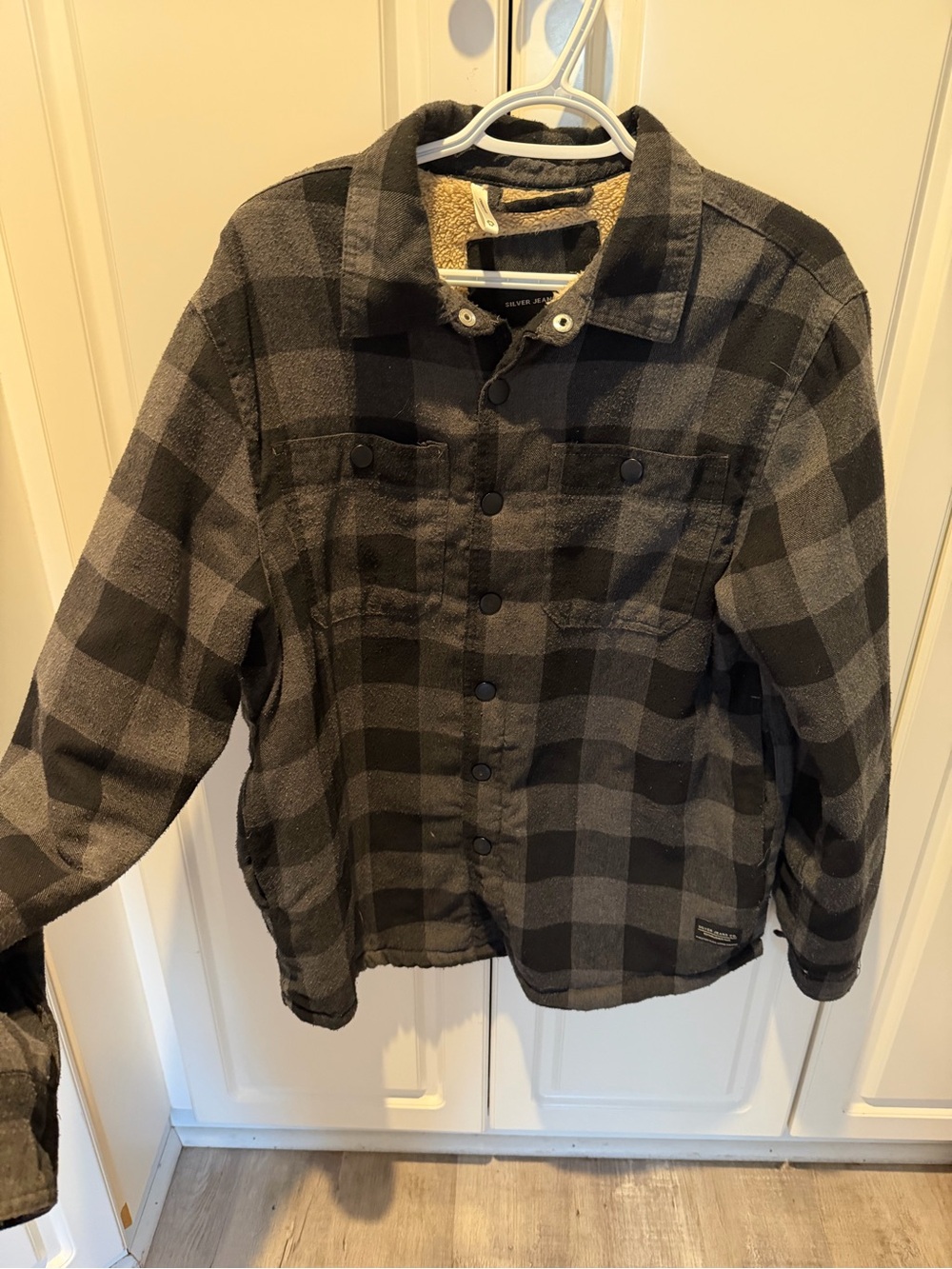 Silver Jeans Black and Gray Plaid Sherpa-Lined Shirt Shacket